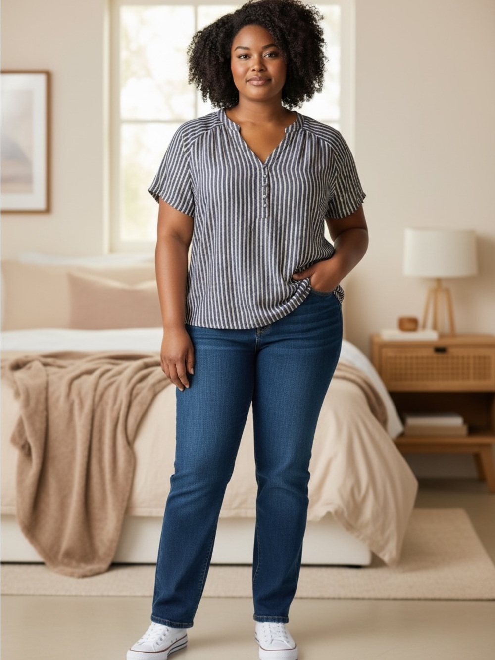 torrid 2 Navy and White Vertical Stripe Henley Blouse 2X